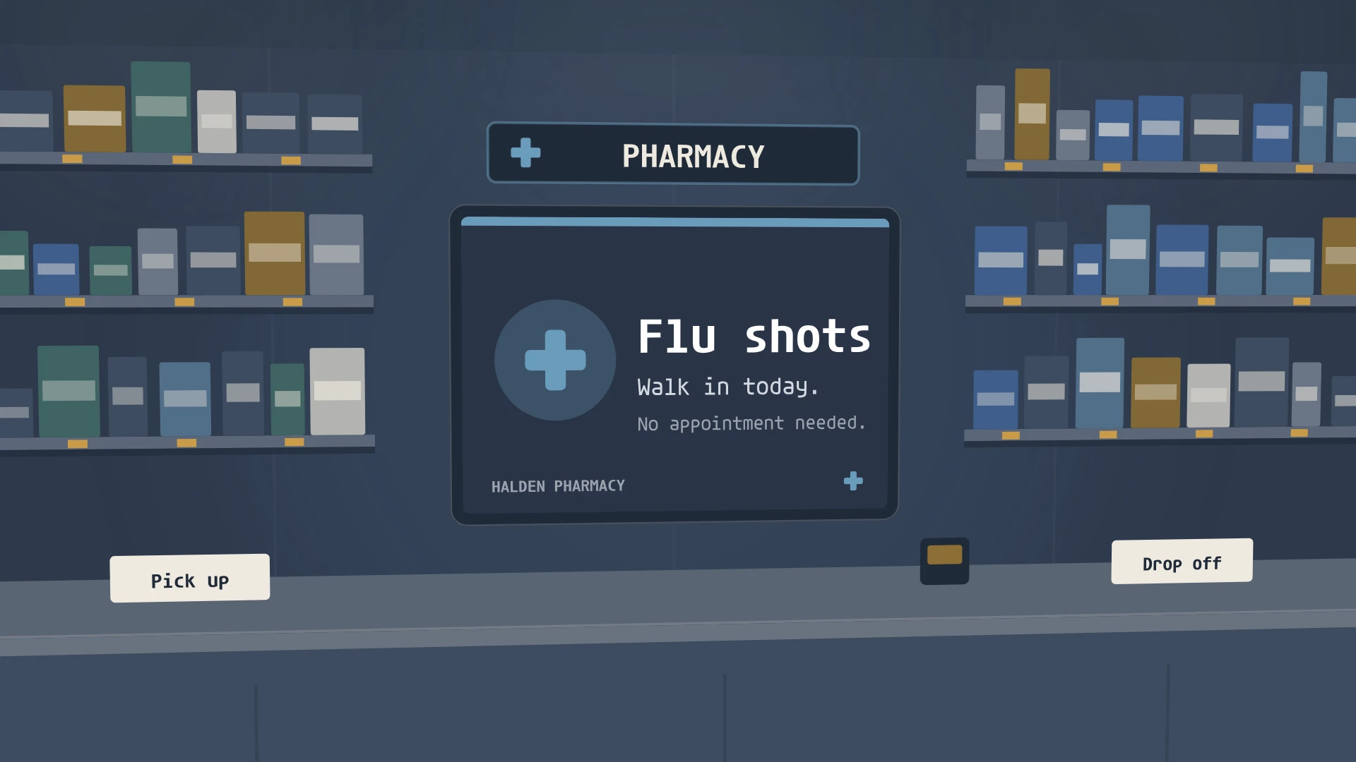 A pharmacy-counter screen showing a flu-shot slide