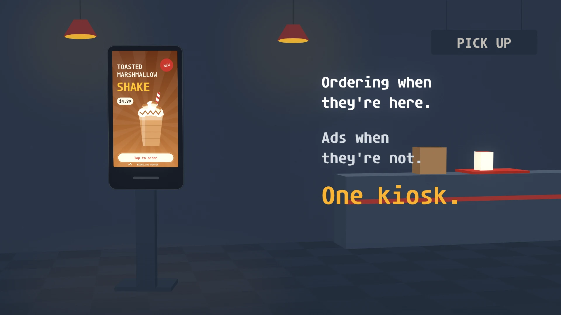 A portrait self-order kiosk playing a shake promo